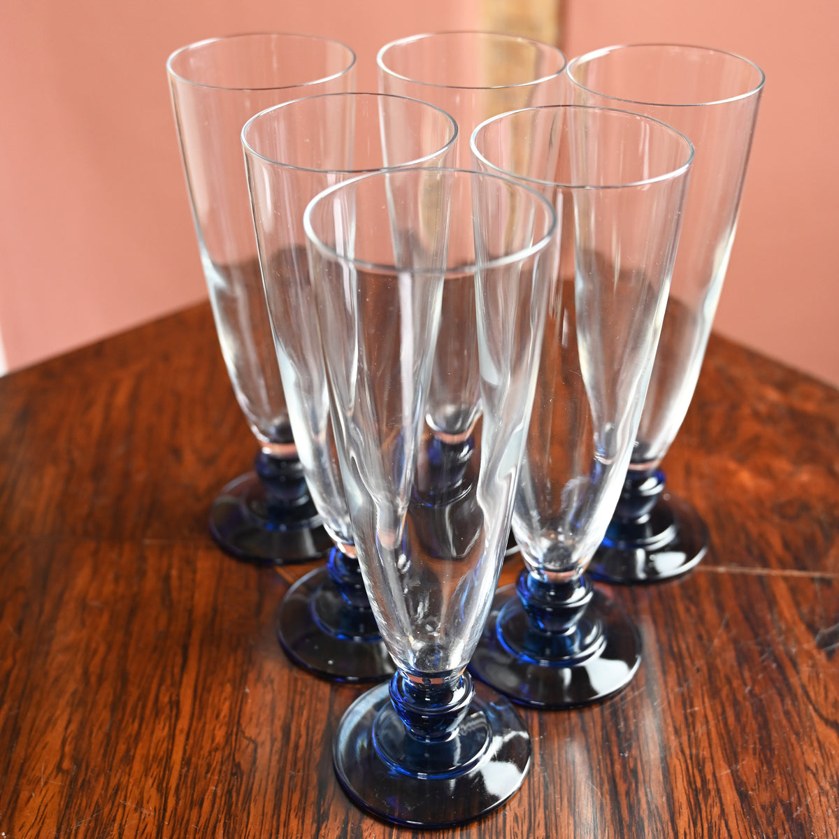 Set Blue Stemmed French Champagne Flutes