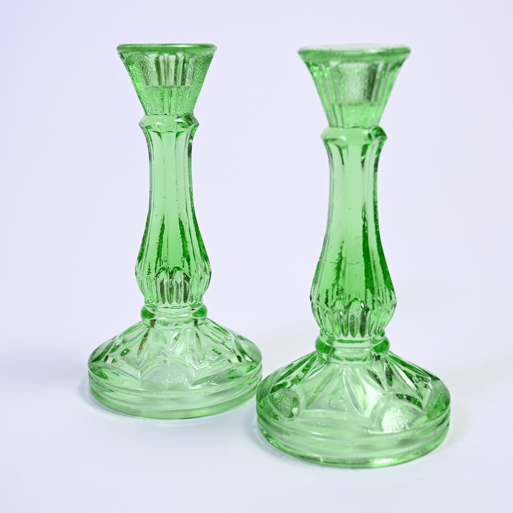 Pair of Pea Green Glass Candlestick Holders