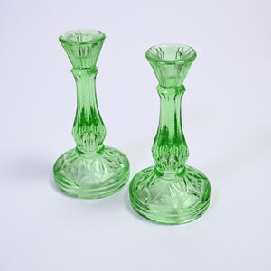 Pair of Pea Green Glass Candlestick Holders