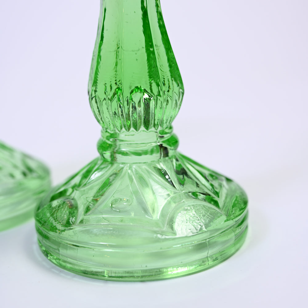 Pair of Pea Green Glass Candlestick Holders