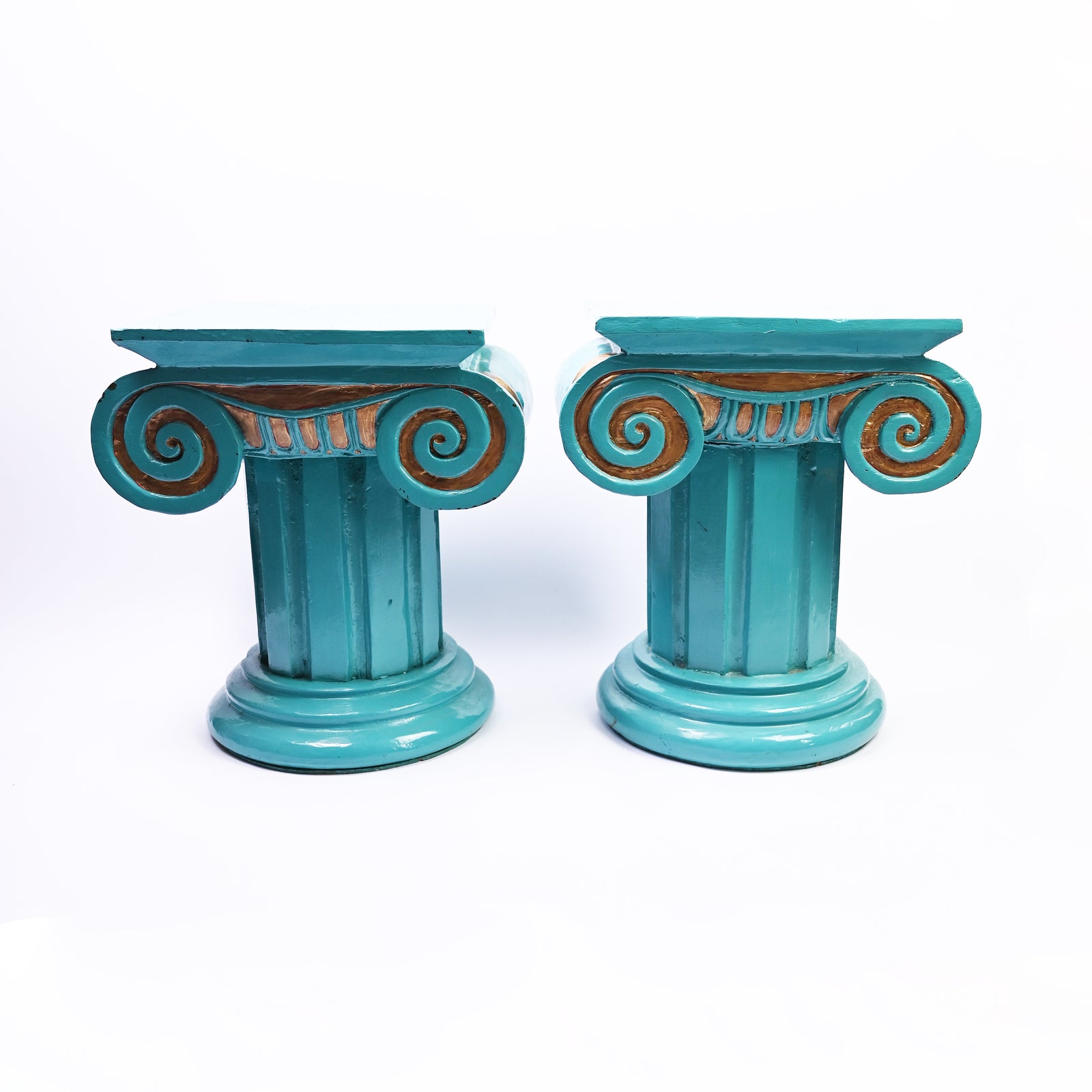Pair of Blue Wooden Roman Column side tables