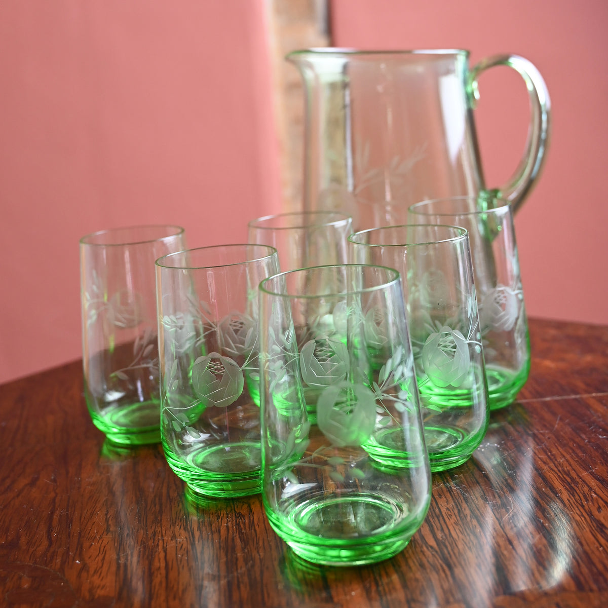 Uranium Rose Etched Glasses and Jug set