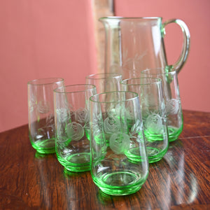 Uranium Rose Etched Glasses and Jug set