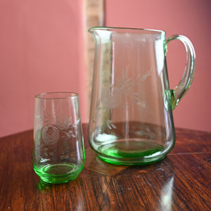 Uranium Rose Etched Glasses and Jug set
