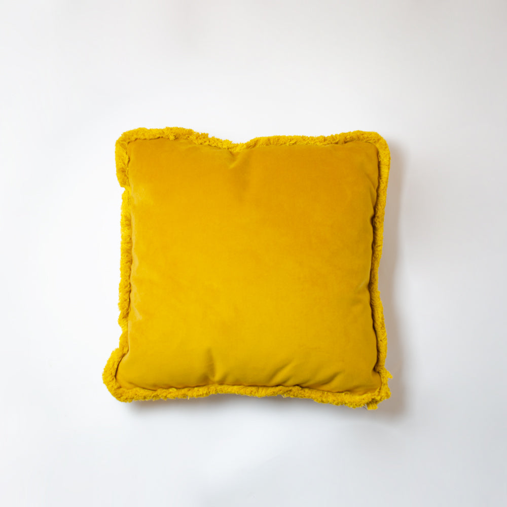 Handmade Velvet Fringed Mustard Cushion