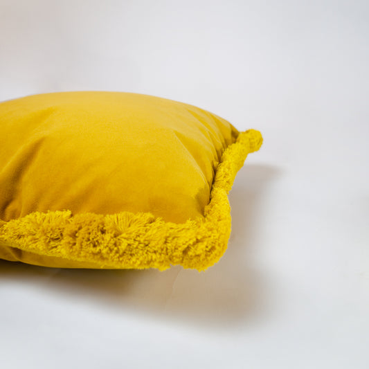 Handmade Velvet Fringed Mustard Cushion