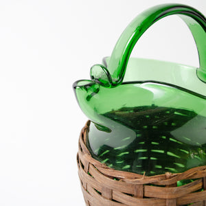 Green Glass Jug in Wicker Holder