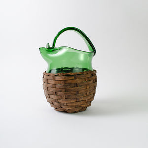 Green Glass Jug in Wicker Holder