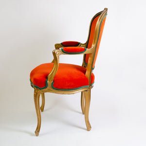 Pair of Louis XV style Armchairs in Burnt Orange Velvet