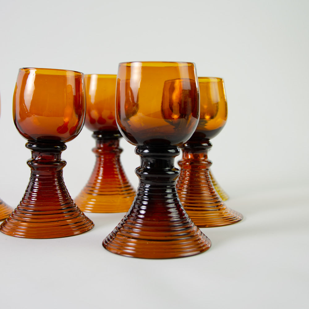 Set of German Roemer Beehive Amber Wine Glasses