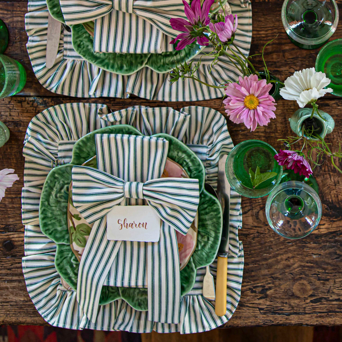Green Ticking Stripe Bows