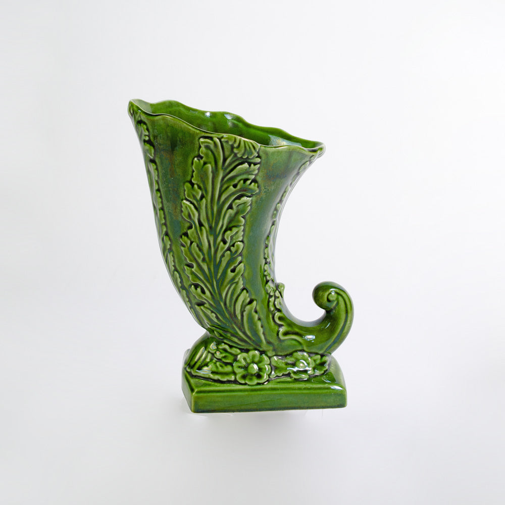 Green Glazed Vintage Cornucopia Horn Vase