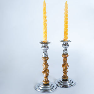 Pair of Wooden Barley Twist and Chrome Candlesticks